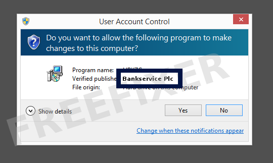 Screenshot where Bankservice Plc appears as the verified publisher in the UAC dialog